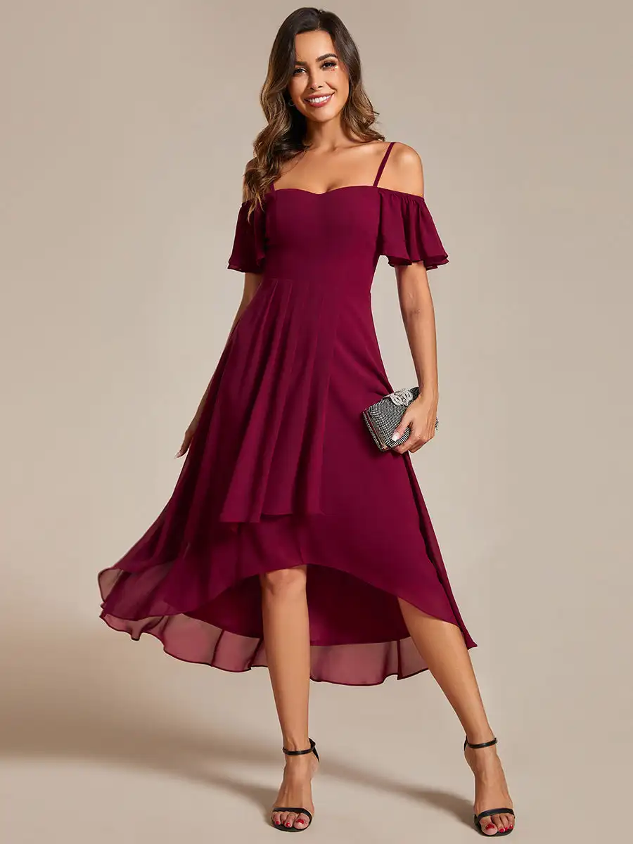 Elegant Evening Dresses Spaghetti Strap Cold Shoulder 2024 Ever pretty of Chiffon A-Line Burgundy Midi Wedding Guest Dress