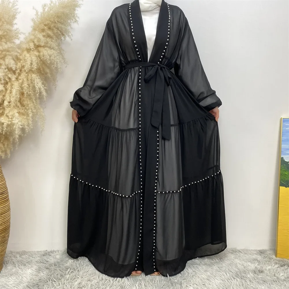 Árabe turquia médio oriente feminino solto aberto cardigan robe moda elegância cor sólida frisado muçulmano rendas chiffon cardigan robe