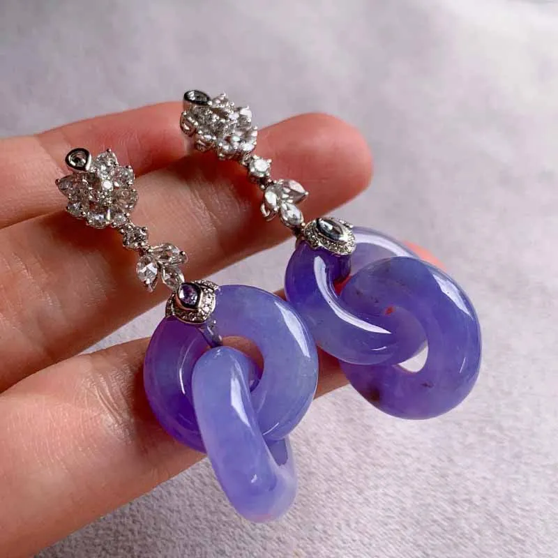 Natural Hetian jade romantic violet Interlocking earrings for women classic ancient rhyme engagement wedding silver jewelryy