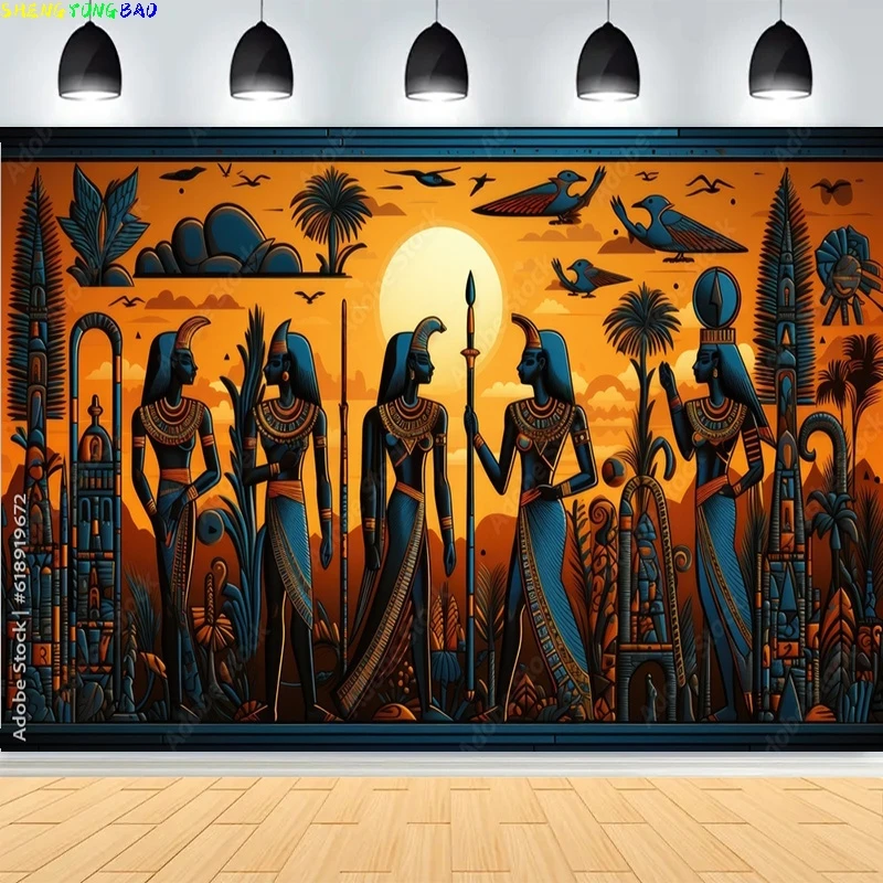 Hieroglyphs Pharaoh Goddess Pyramid Photography Background Sphinx Mural Wall Painting Civilization Studio Backdrops BY-05