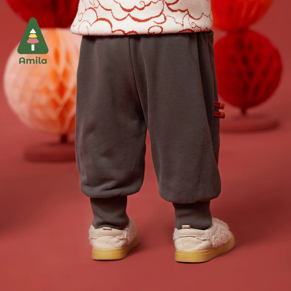 Amila Baby's  Pants 2024 Winter New Boys And Girls  Fashion Casual  Solid Color Pant With  Kink Flower Splicing Trousers