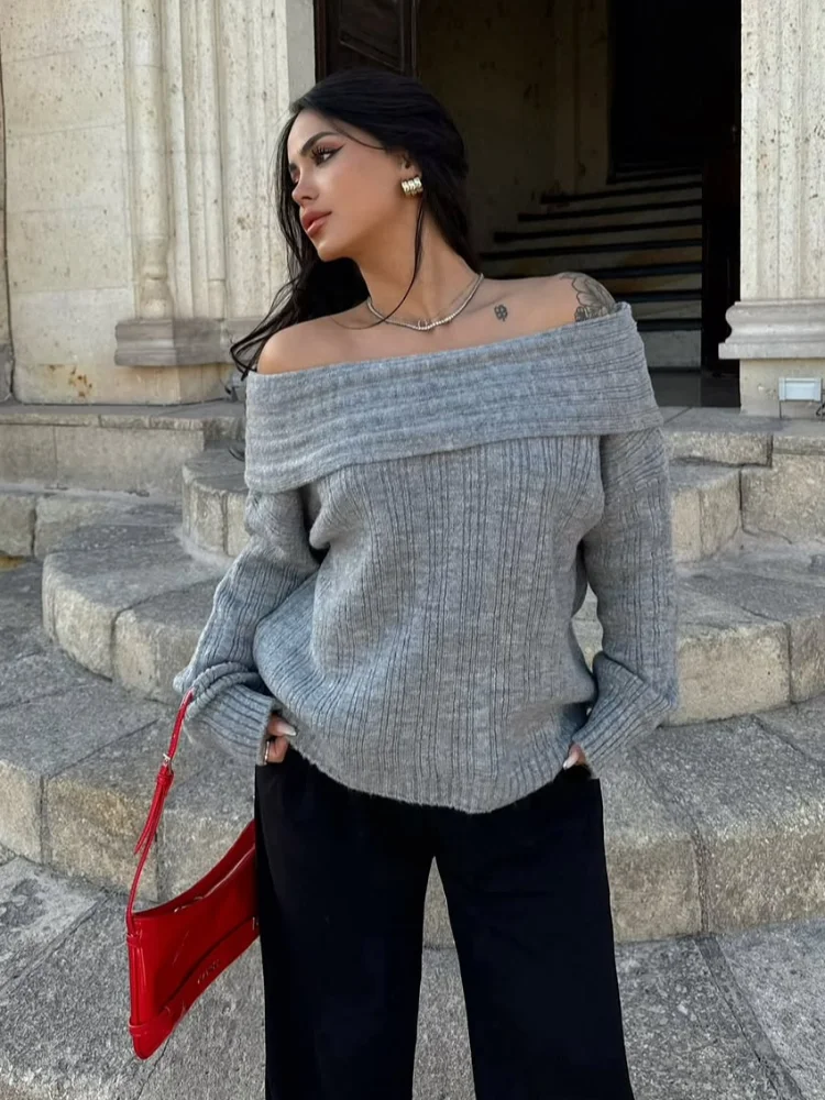 

Sexy Solid Off-shoulder Kintted Pullover Women Casual Full Sleeve Loose Short Pullovers 2025 Lady Daily Commute Street Sweater