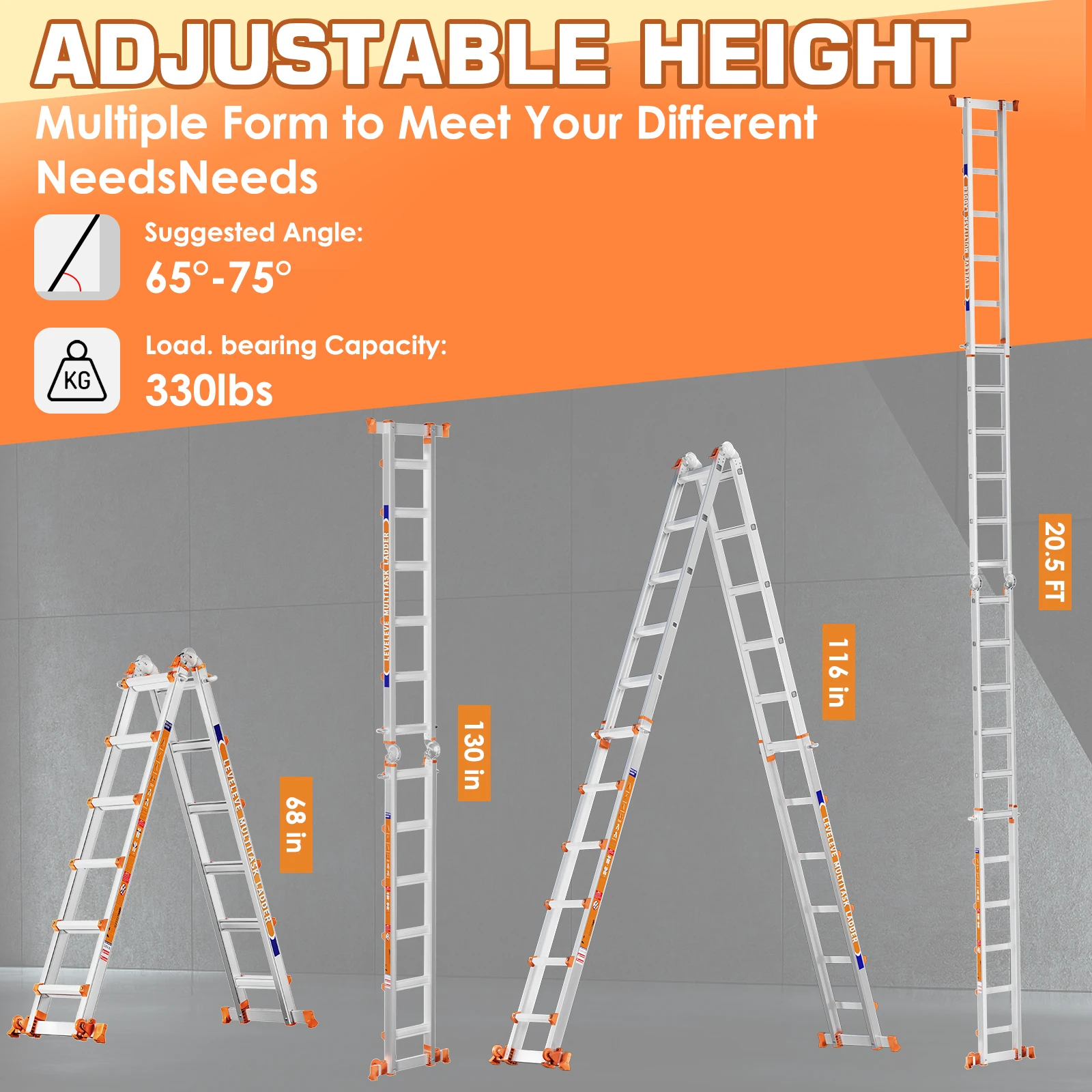 سلم متعدد المواضع بطول 22 قدمًا من LEVELEVE، سلم بإطار 6 درجات مع قضيب تثبيت وعجلات، تحميل أمان 330 رطلاً #3