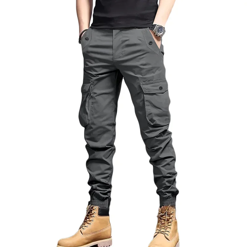 2026 New Men White Cargo Jogger Pants Multi Flap Pockets Elastic Ankle Cuff Casual Streetwear Trousers view 4