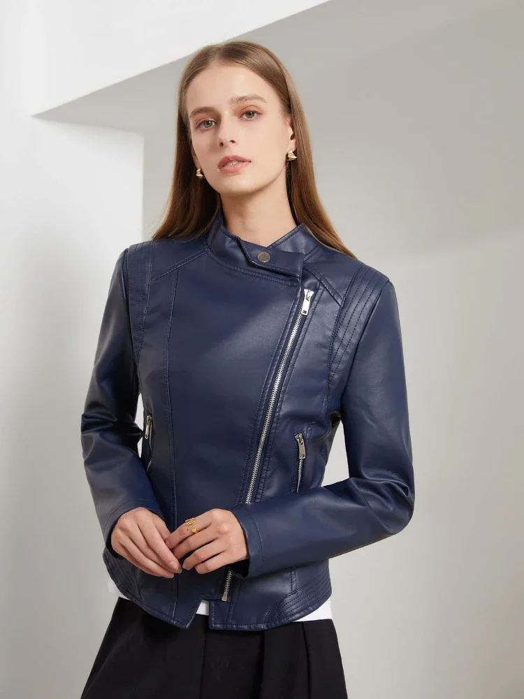 Veste courte en similicuir PU pour femme, manches longues, coupe couvertes, fermeture éclair, revers fin, polyester, printemps, automne, nouveau, 2024