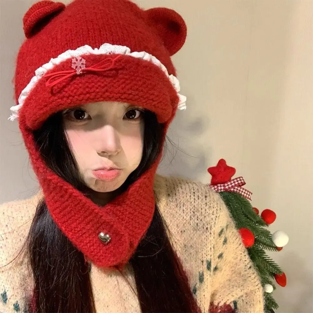 

Casual Sweet Bear Ear Knitted Hat Bow Keep Warm Neck Collar Beanies Cap Neck Protector Coldproof Pullover Cap Winter