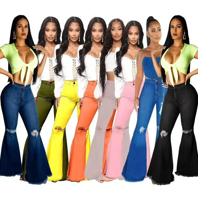 Women High Waist Pants Jeans Vintage Hole Splice Button Zipper Denim Flare Pant Pocket Casual Trousers Solid Spring Summer