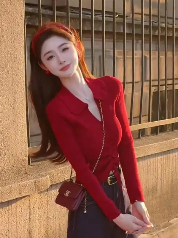 

Faionable ort Knitted Sweater Women's Slim Fit Long Sve Red New Year's Top High End Outerwear Early Spring Trendy