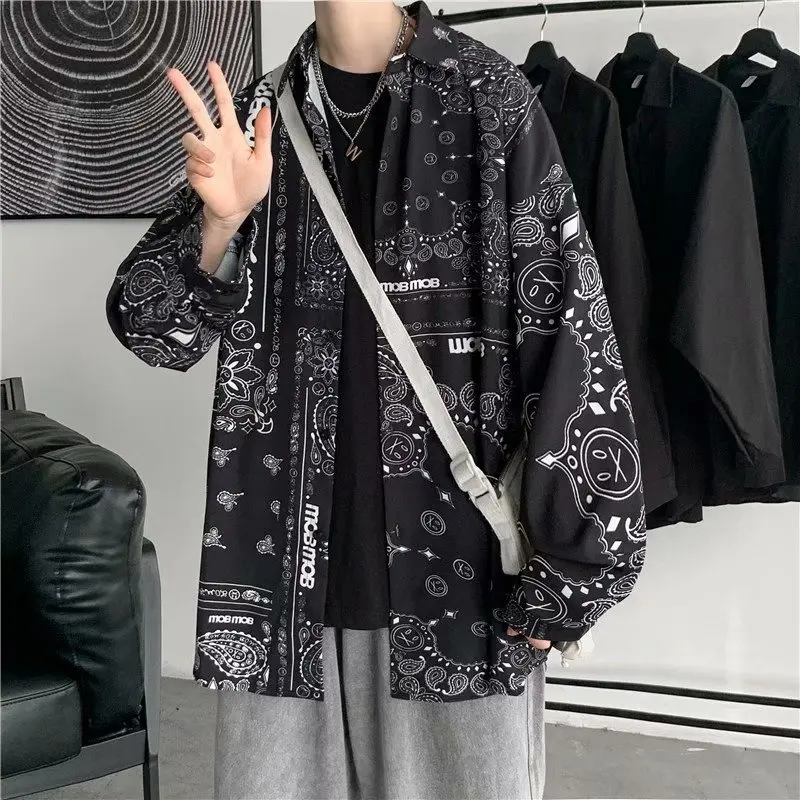 

Long Sve Men's Casual irt Hong Kong Sle Walnut Flower Print Loose Fit Polyester Fiber Anti-Wrinkle Japanese Sle irt