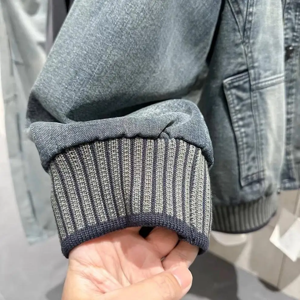 Men's Knitted Spliced Denim Jacket American Autumn Casual Fashion Street Style Retro Washed Single Breasted Multi Pocket Jackets