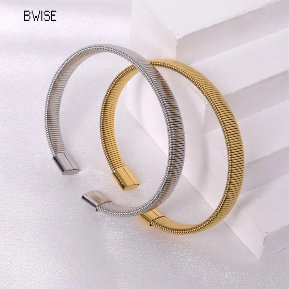 Bwise 18k Gold Plated Titanium Steel Bracelet Vintage Elastic Gypsy Polishing Bangle For Women Girls Fashion Aesthetic Jewelry