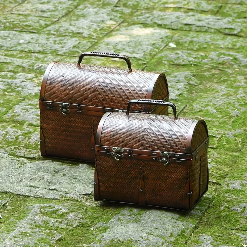 Handmade Bamboo Woven Tea Storage Box Large Lacquer Finish Retro Chinese Style Portable Bag for Tea Set Outdoor Travel Gift