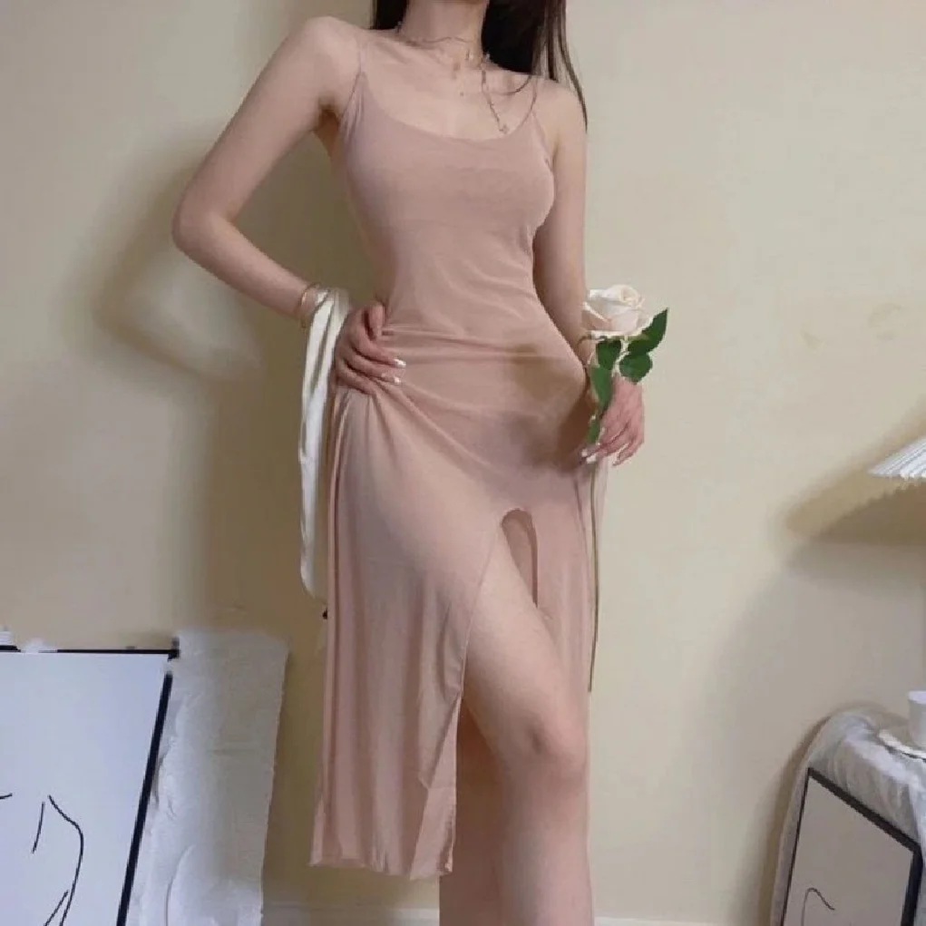 

Women's Sexy See-Through Mesh Pajamas Set with Long Skirt Transparent Temptation Nightgown Mesh Suit for Intimate Wear
