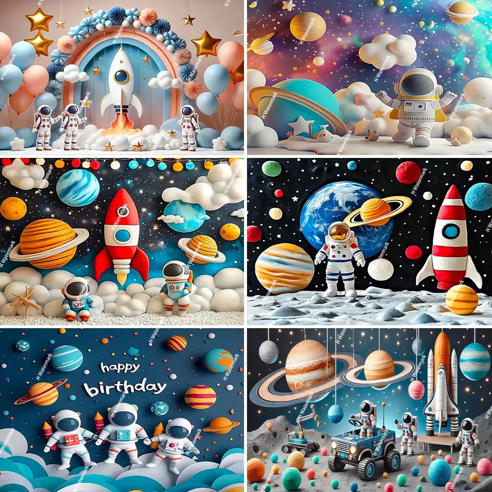 

Space Astronaut Birthday Party Background Banner Custom Decoration Rocket Theme Photography Boy Birthday Gift Photo Studio Prop