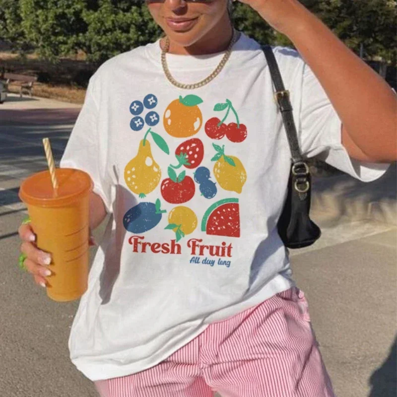 

Y2K Street Clothing American Fruit Printing Pattern T-shirt Summer Ins Women Casual Scattered Gothic Short-sleeved Tops