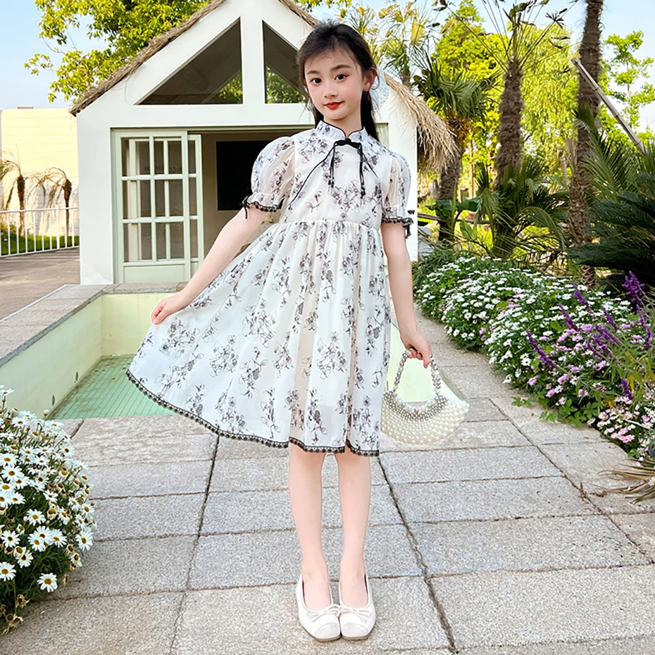 Kids Clothes Floral Pattern Dresses For Girl Summer Kids Dresses Casual Style Costume For Girls 6 8 10 12 14