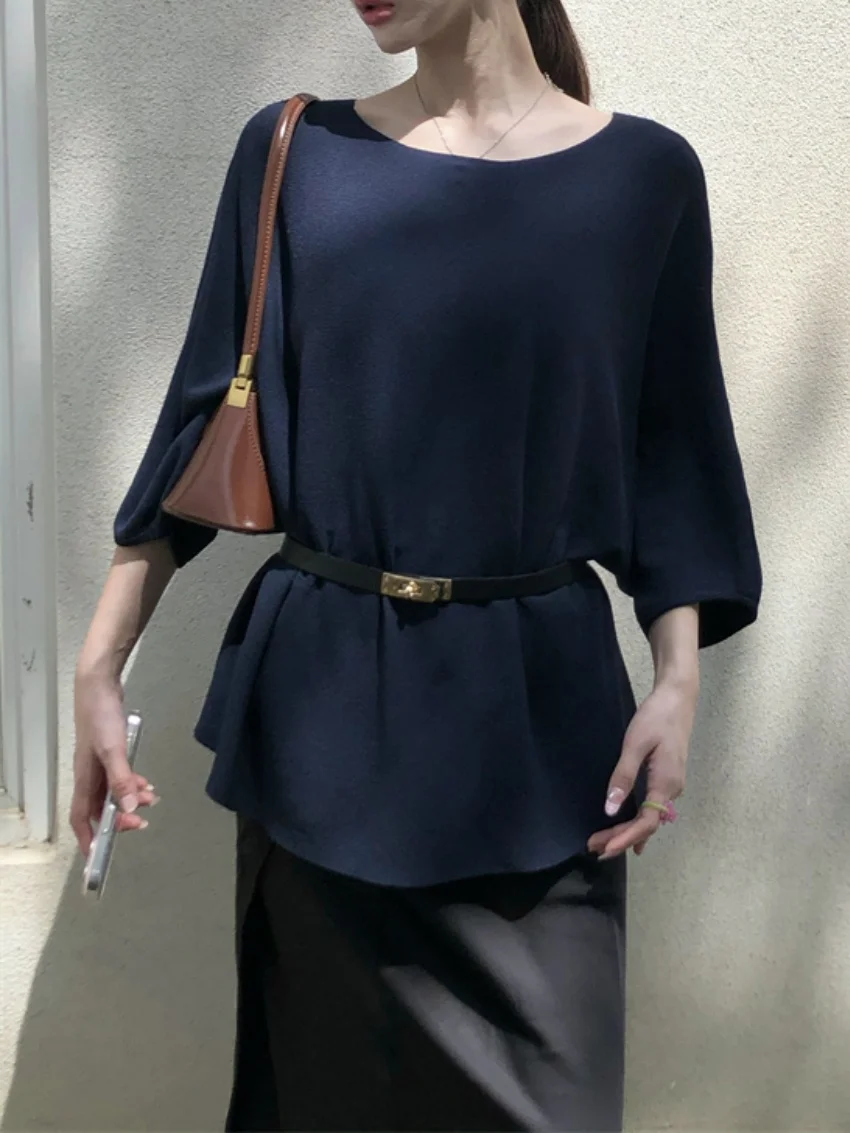 الغريبة كيتي 2025 سترة اليومية تي شيرت المرأة مع وشاحات لطيف جديد البلوفرات الصيف عادية محبوك كم كامل فضفاض تيز #4