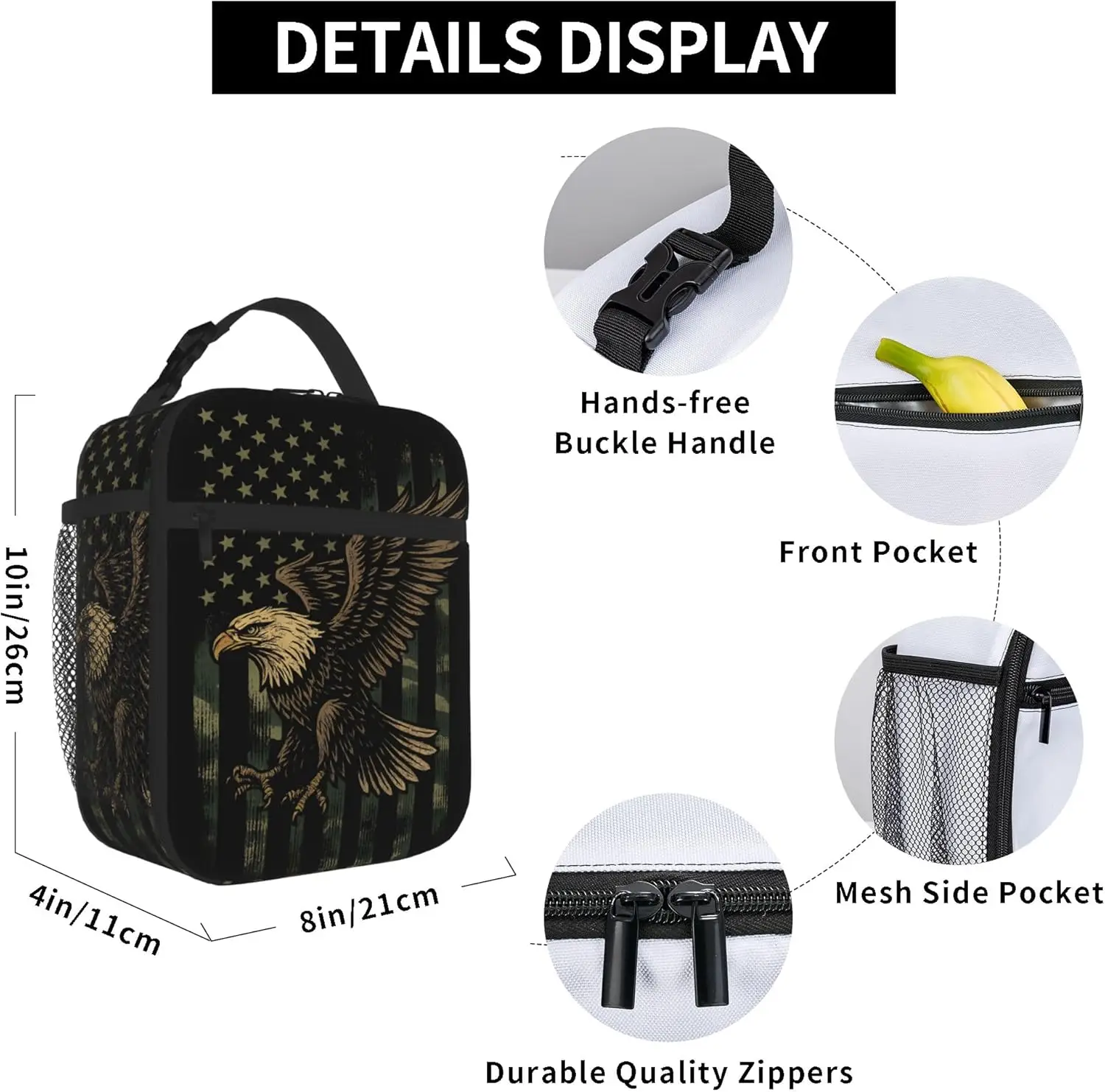 Bald Eagle Lunch Box for Men,American Flag Lightweight Reusable Lunch Bag Portable Handbags Gifts for Picnic Travel School
