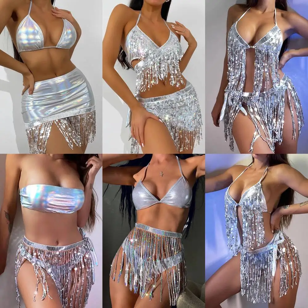 

New Split-body Swimsuit Bikinis Women Flash Cloth Silvery Sexy Glitter Tassel Bikini Costume Suit Swim Suits Womens Clothes