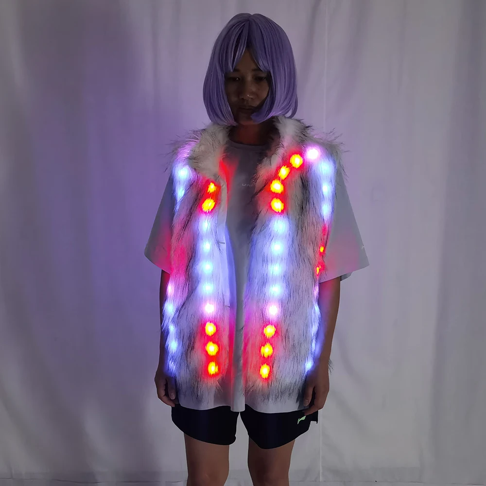 LED Luminous Faux Fur Coat for Women Glowing LED DJ Costume for Nightclub Bar Dance Show Christmas Halloween Party Cospaly