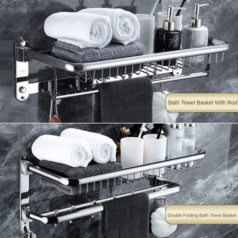 Imagem -04 - Acessórios do Banheiro do Double Folding Bath Towel Basket Wall Mounted Rack com Rod Armazenamento de Roupas Aço Inoxidável 304