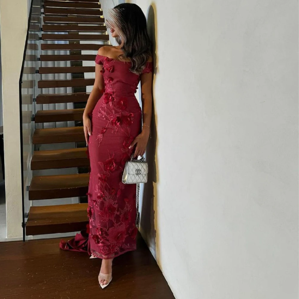 

Customized Burgandy Lace Flower Appliques Straight Jersey Evening Dresses Off the Shoulder Sweep Train Ankle Length Pageant Gown