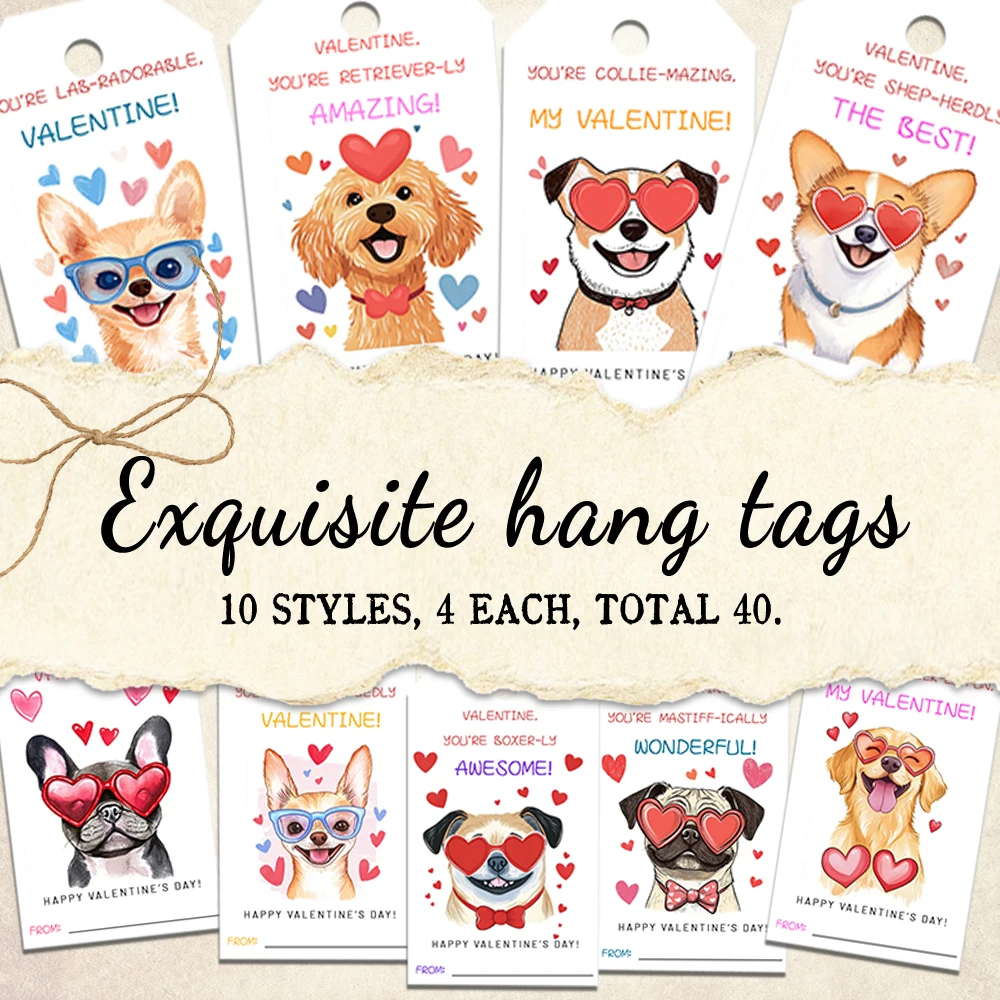 40pcs Puppy Glasses Theme Decorative Tags, Cute Aesthetic Gift Labels, Party Decoration, Handmade Packaging Accents, Jute Rope