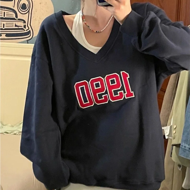 Deeptown koreanische Mode Sweatshirts zweiteiliges Set für Frauen kpop Langarm übergroßen Pullover Streetwear Hoodie von der Schulter