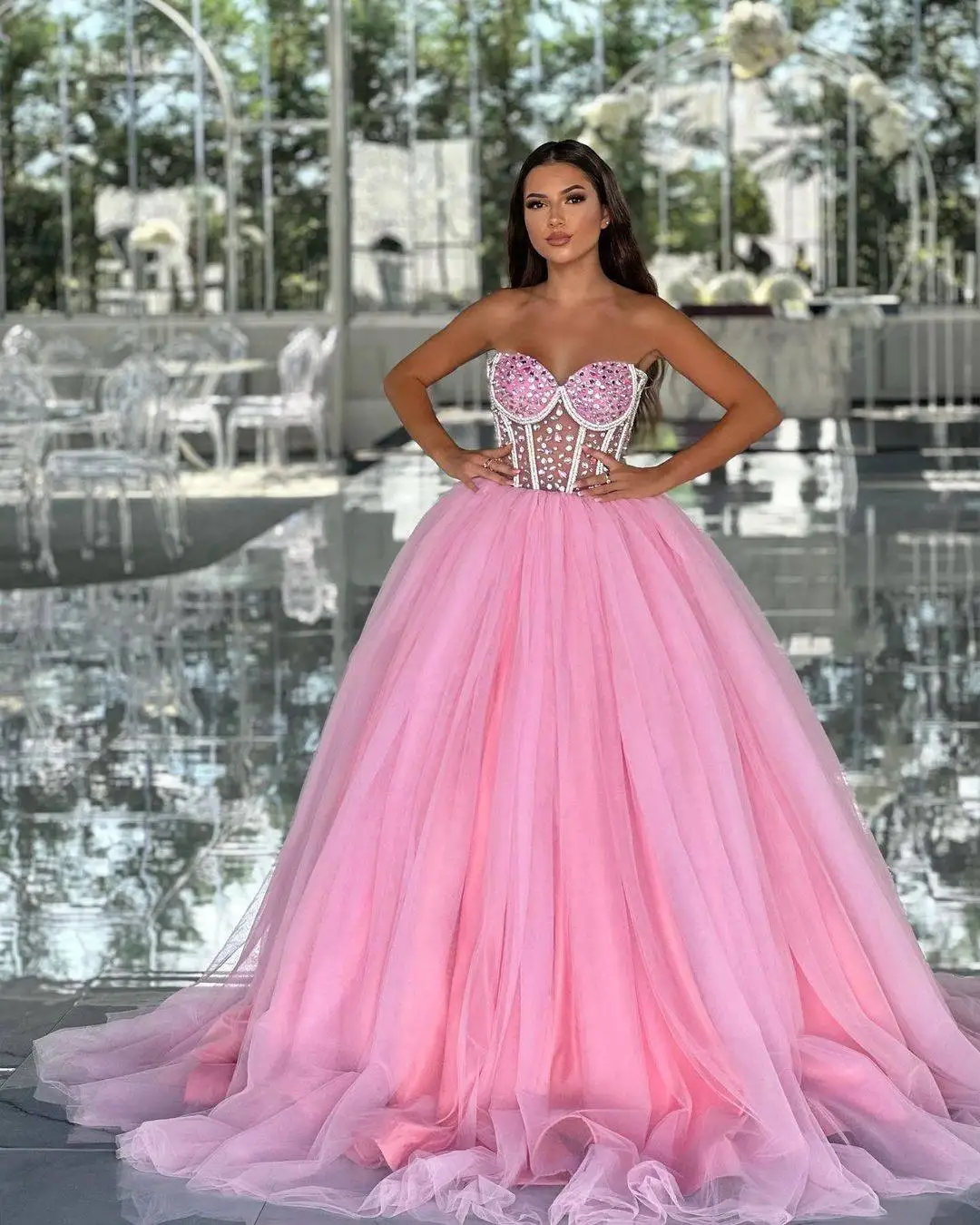 Princess A Line Evening Dress Crystal Strapless Sleeveless Prom Gowns Puffy Sweep Train  Party Dresses Customized