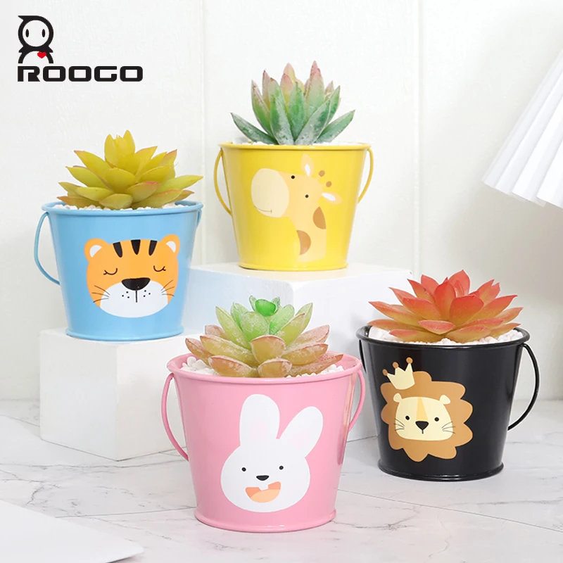 

ROOGO Figurine New Design Flowerpot Cute Cartoon Animal Pattern Iron Succulent Plant Pot Room Desktop Gardening Plant Pots