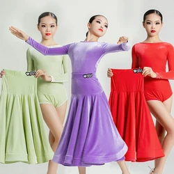 Fashion Girls Latin Dance Competition Dress Long Sleeved Velvet Ballroom Dance Performance Dresses Waltz Modern Dancewear SL9279