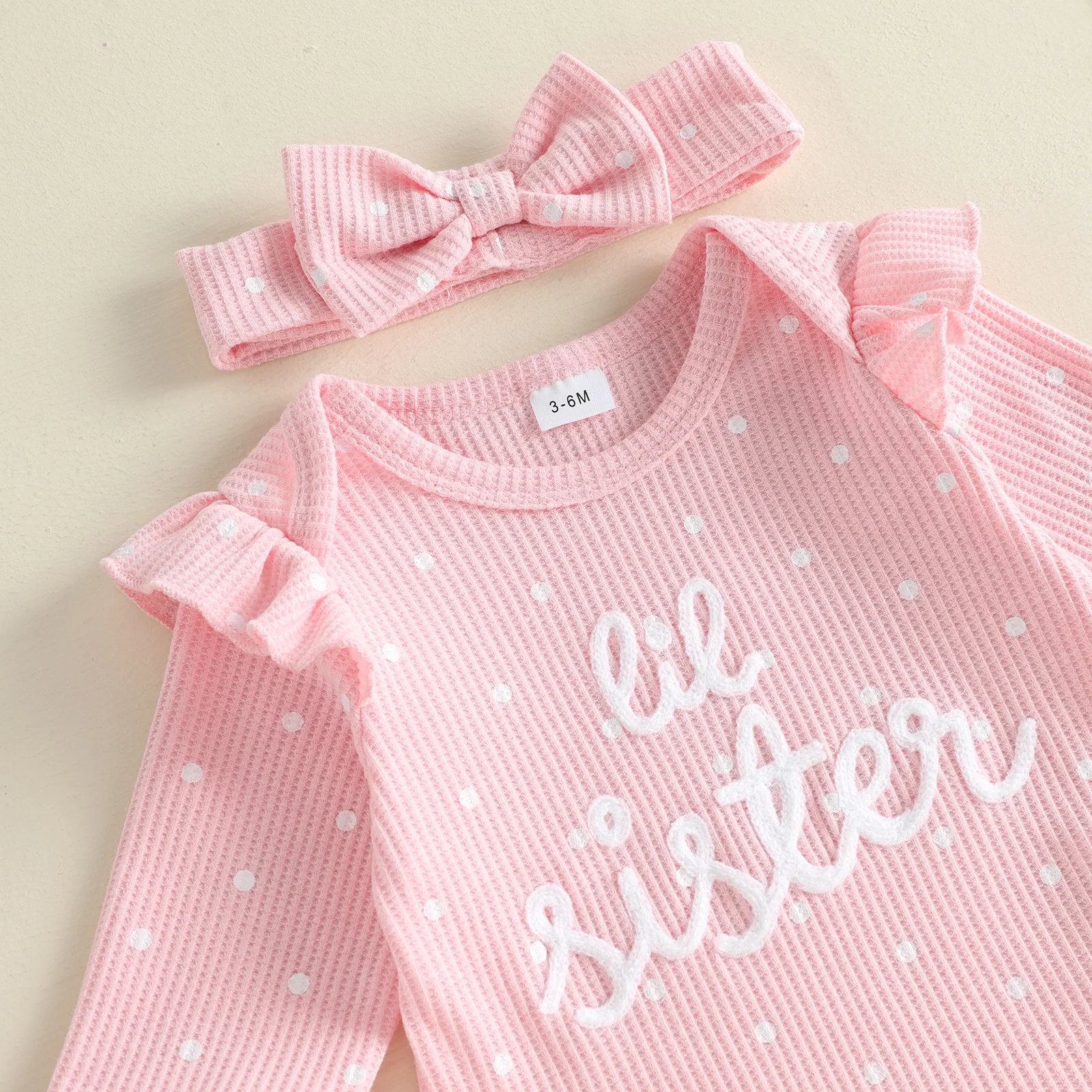 Baby Girl Fall Waffle Outfits Long Sleeve lil sister Letter Dot Print Romper with Pants and Headband