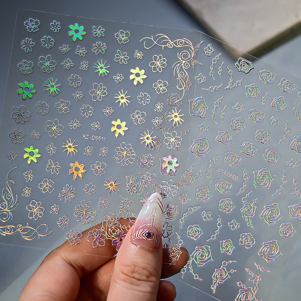 12 stuks 3D geometrie bloem blad nagelstickers roze laser zilveren lijn geometrisch geschilderd slider nail art stickers manicure decoraties