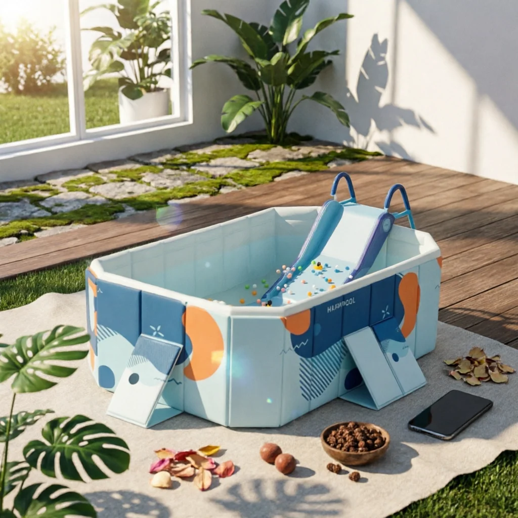 Pool with Slide Portable Non-Inflatable Pool Compact Stable for Children, Backyard, Garden