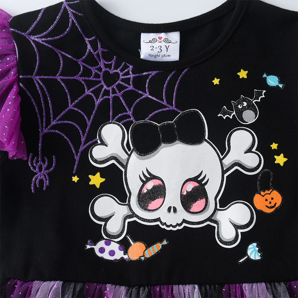 VIKITA Kinder Halloween Feiertagskostüme Mädchen Spinnen-Totenkopf-Druck Glockenärmel Herbst Winter Prinzessin Mesh Tutu Kleider – Detail 4