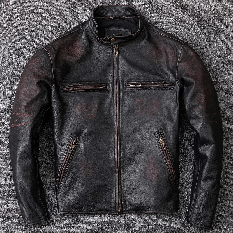 Washed Stone Milled Edging Distressed Men Leather Jacket Vintage Black 100% Natural Calf Skin Coat Clothing