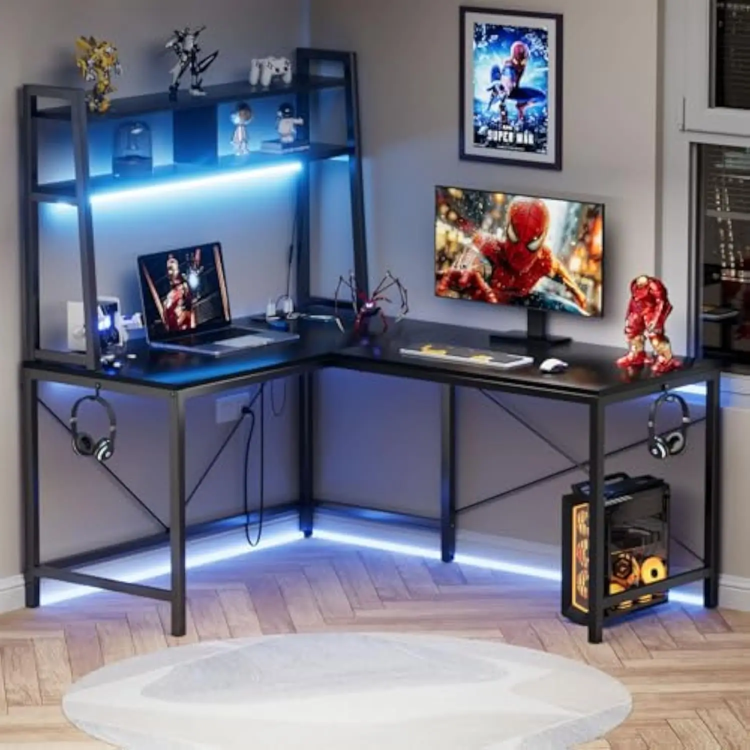 Mesa de jogos em forma de L, mesa de computador de canto de 50 polegadas com tomada elétrica e luzes LED, mesa de jogos em forma de L com armazenamento