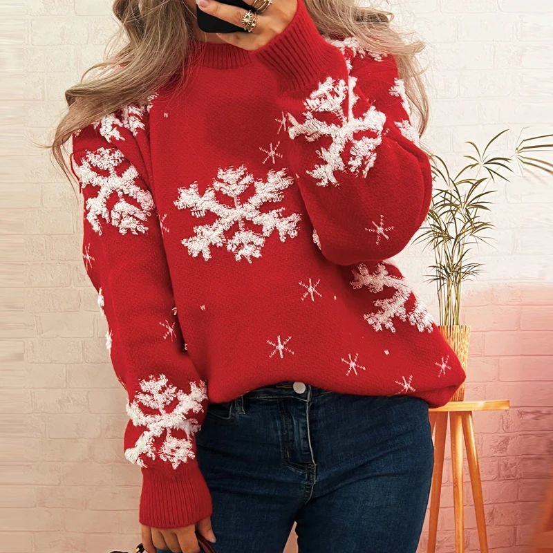 

Fall Winter Casual Streetwear Loose Knitted Christmas Snowflake Print Sweater For Women Fashion O-neck Long Sleeve Pullover Tops