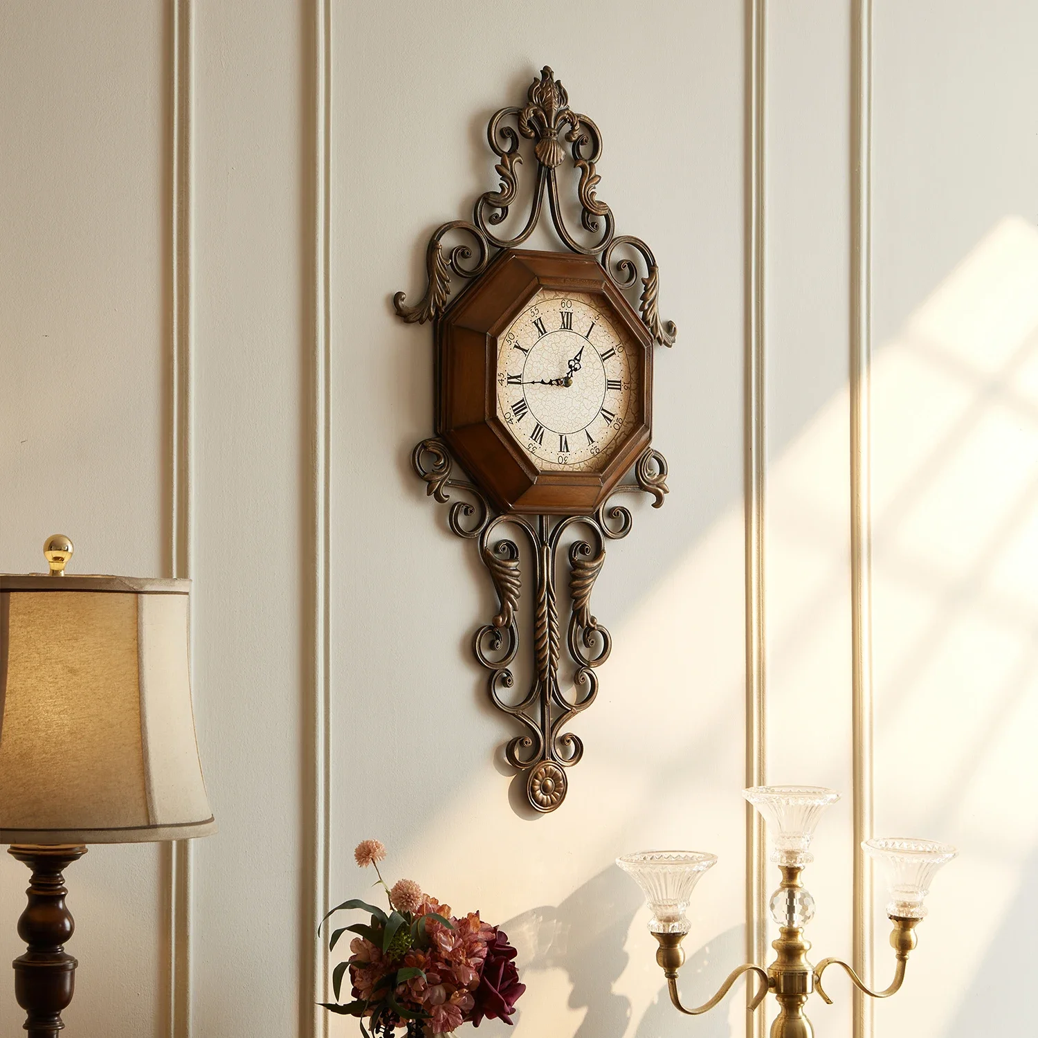 Solid wood retro American wall clock creative clock wrought iron home decoration