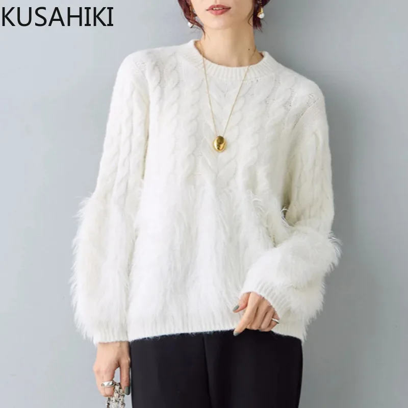 KUSAHIKI New Style Faux Mink Sashmere Splicing Fried Dough Twists Sweater Fashion Women Fashion Knit Top