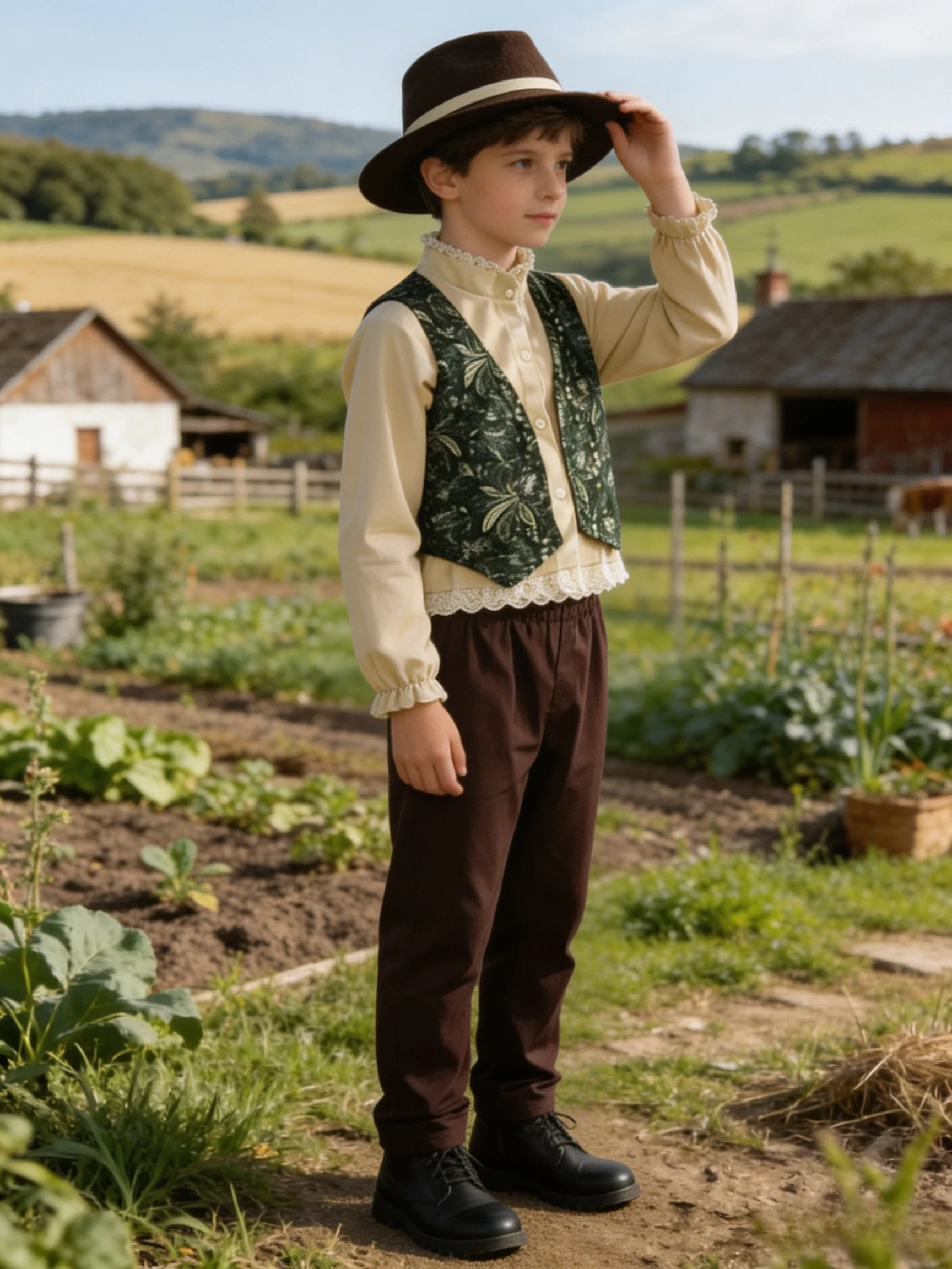 Conjunto de Disfraz de Granjero para Niños de Halloween, Traje Vintage con Chaleco Campestre y Sombrero, Disfraz de Cosplay