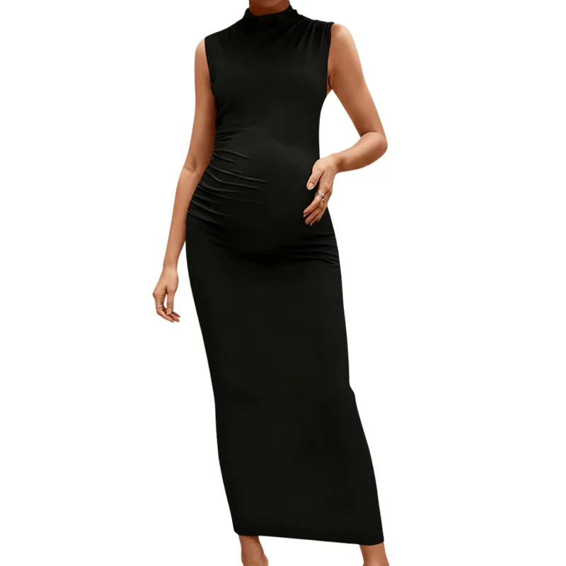 Elegant Pregnant Maternity Dress For Photo Shoot High Neck Solid Body Fitted Elastic Photography Prop Skirt For Women - view 5