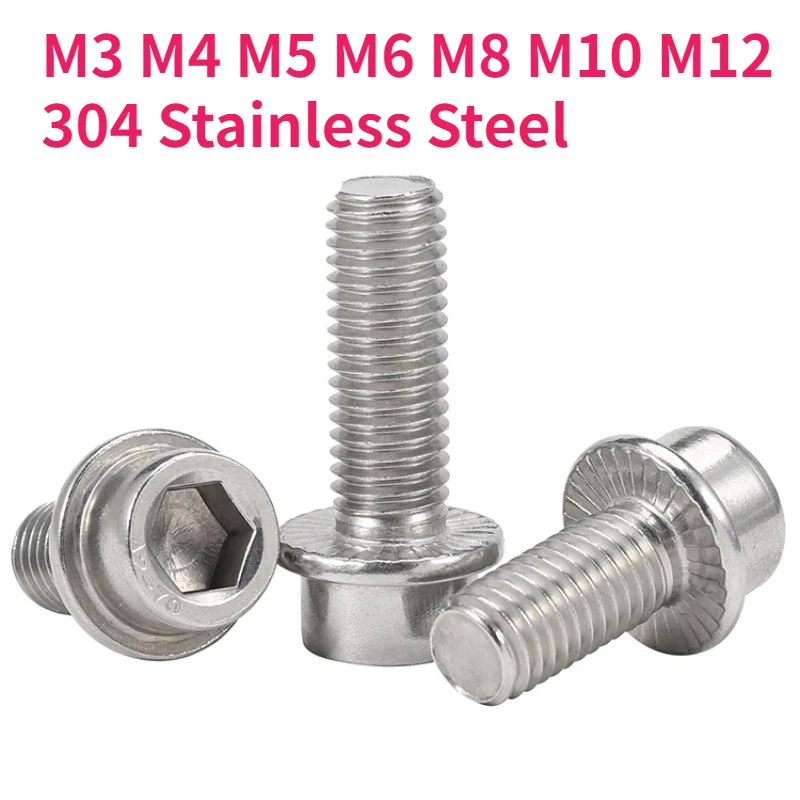 M3 M4 M5 M6 M8 M10 M12 304 A2-70 Stainless Steel Hex Hexagon Socket Flange Cap Head with Serrated Screw Hex Washer Head Bolt