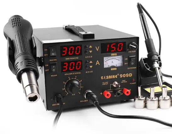 

SAIKE 909D Soldering/Hot air gun rework station 3 in 1 Soldering iron+Hot Air Gun+Power Supply 110V 220V B