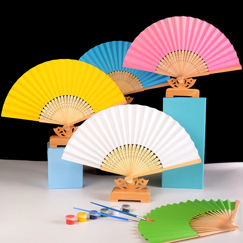 Chinese White Blank Paper Fold Fan Red Folding Hand Held Fan Pink Mini 8" Japanese Foldable Fan for Kids DIY Wedding Decoration