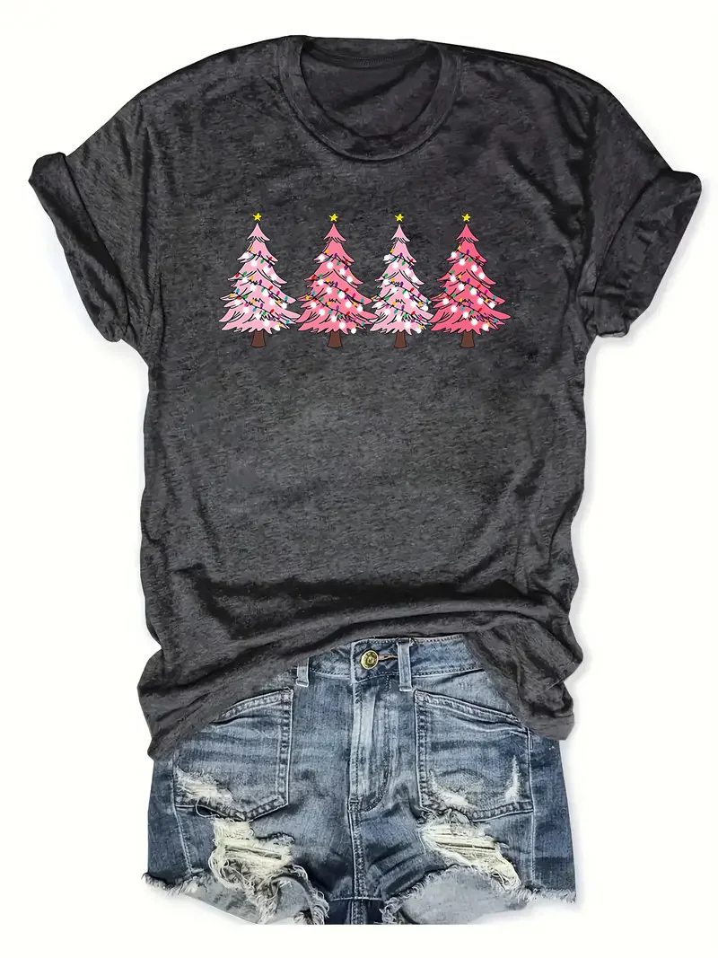 Camiseta estampada de Natal primavera e verão, camiseta casual de manga curta com gola redonda, roupas femininas da moda