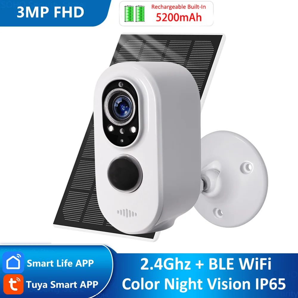 Tuya 3MP 2.4Ghz WiFi BLE Battery Solar Power Outdoor Security PIR Spotlight Color Night Vision CCTV Surveillance Siren IP Camera