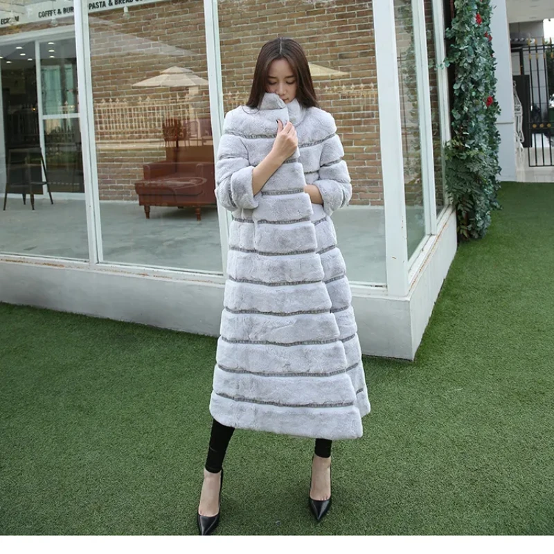 

Hot Sales New Women Real Rabbit Fur Coat Long Style Stand collar Natural Fur Jacket Luxury Rabbit Outerwear Thick Warm Overcoat