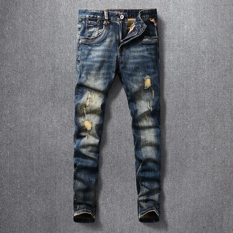 

Fashion Vintage Men Jeans Retro Black Blue Stretch Slim Fit Ripped Jeans Men Embroidery Patched Designer Denim Pants Hombre