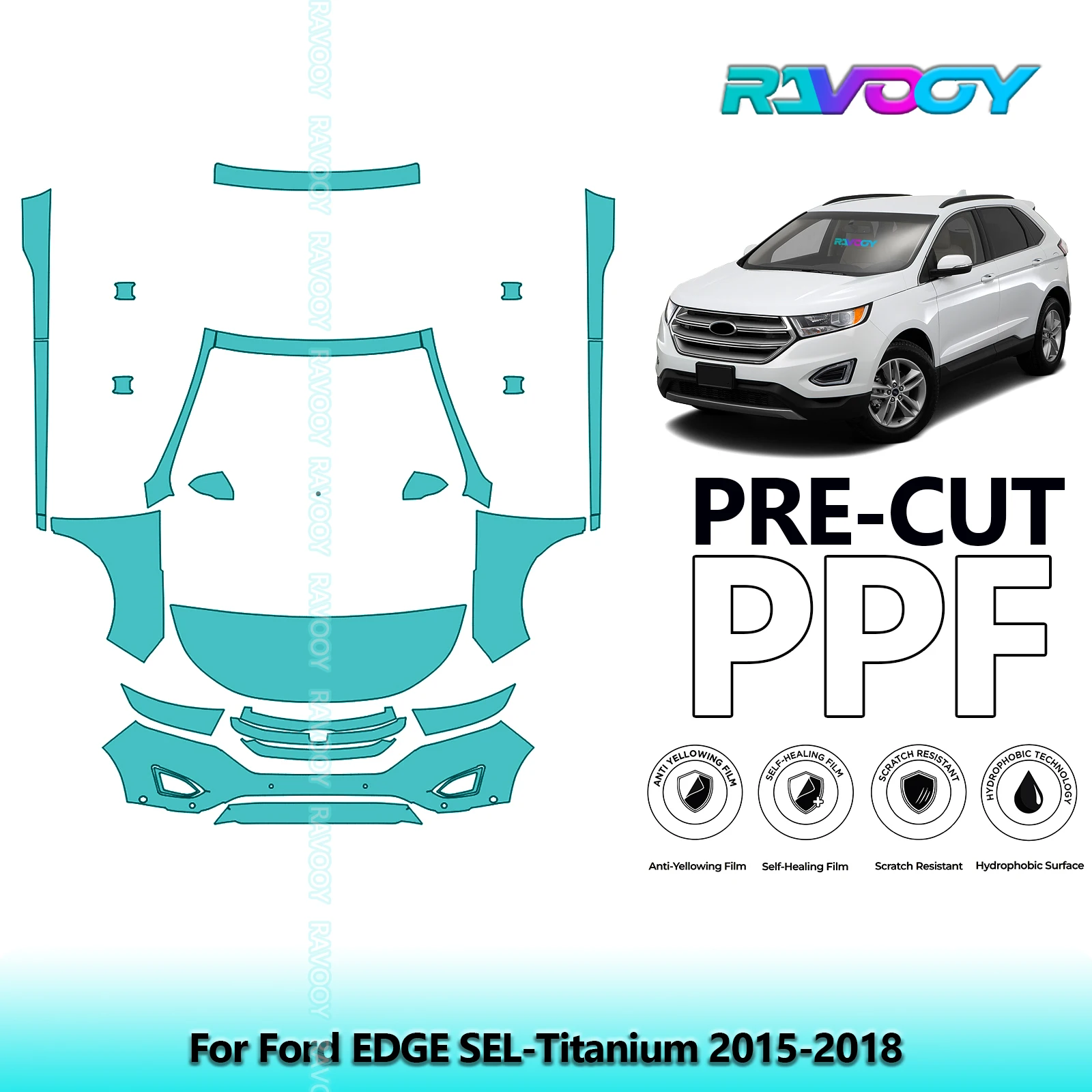 

8.5Mil Precut Paint Protection Film PPF Clear Bra Front Kit+Rockers For Ford EDGE SEL-Titanium 2015-2018